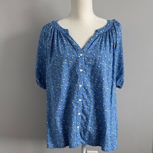 Blue Floral Button-Front Women's Blouse with Short Puff Sleeves Size Xl